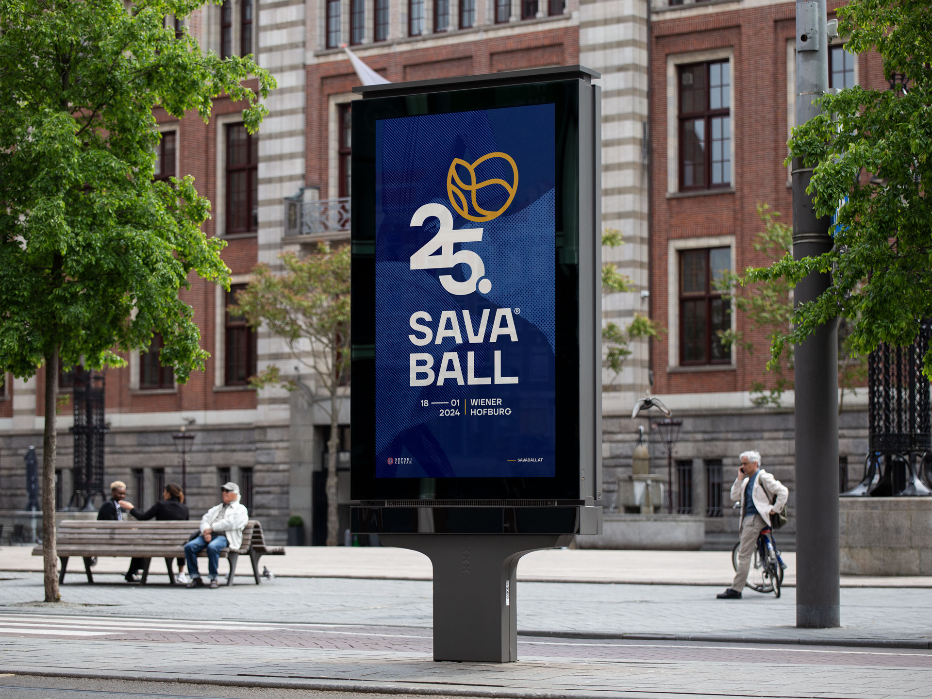 Savaball 25 visual identity design featuring fluid forms, heritage-inspired details, and a swirling logo for Vienna’s iconic Serbian ball.