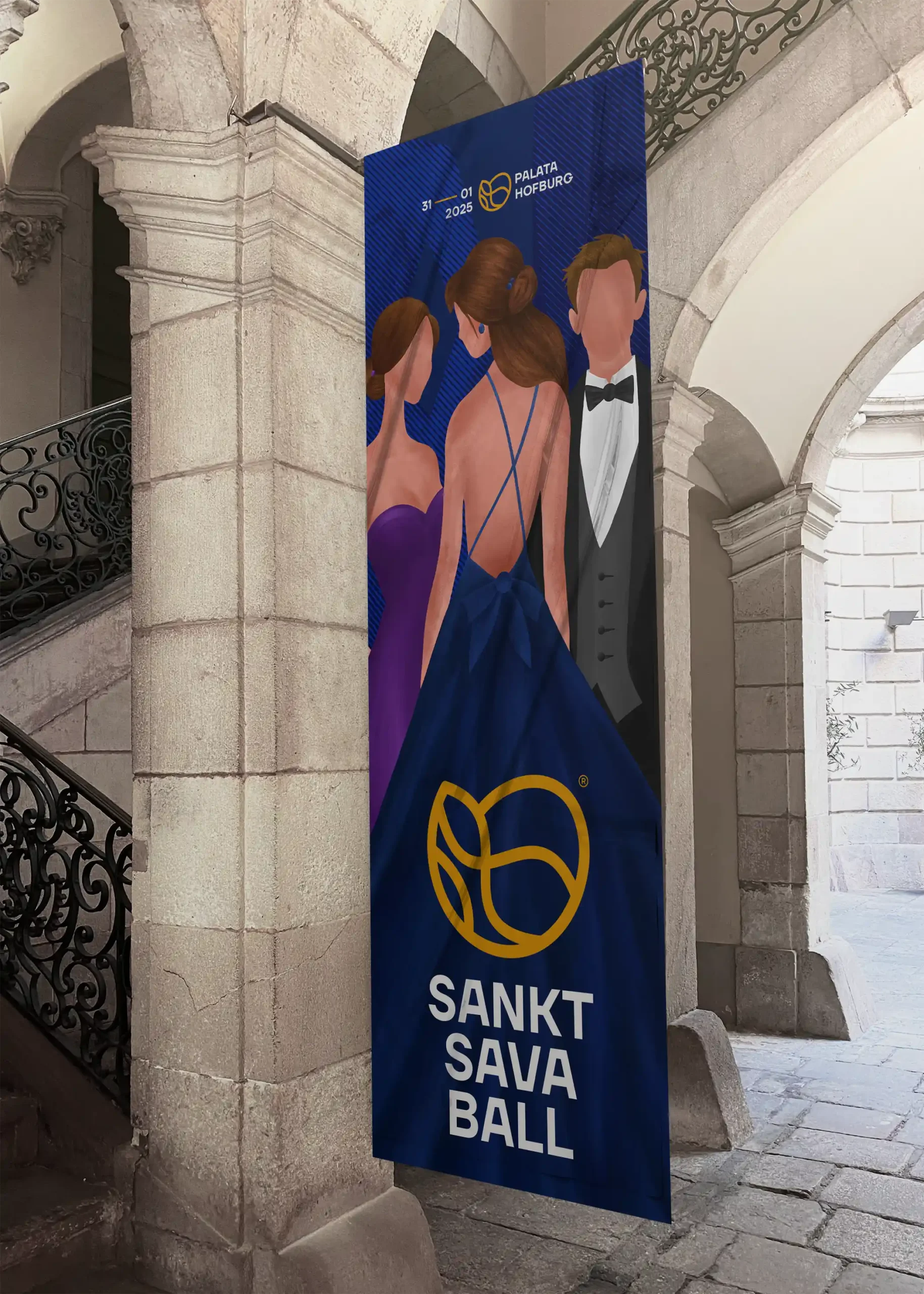 Savaball branding featuring a swirling monogram, deep yellow and midnight blue palette, and visual elements inspired by Viennese ball culture.