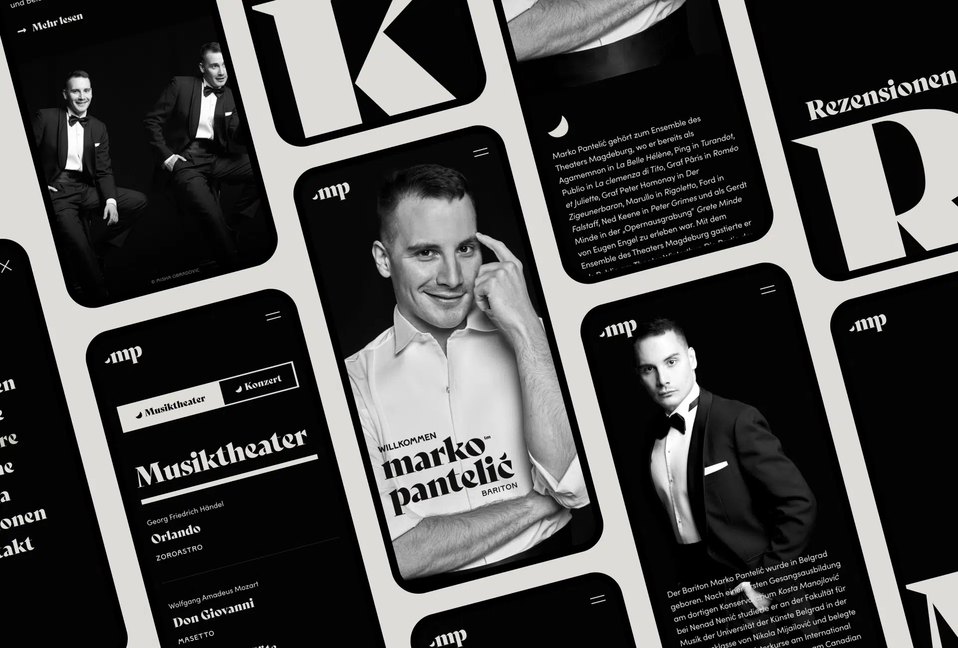 Brand identity for opera singer Marko Pantelić, combining classical typography, high contrast, and minimal design elements to reflect his dramatic stage presence and vocal power.
