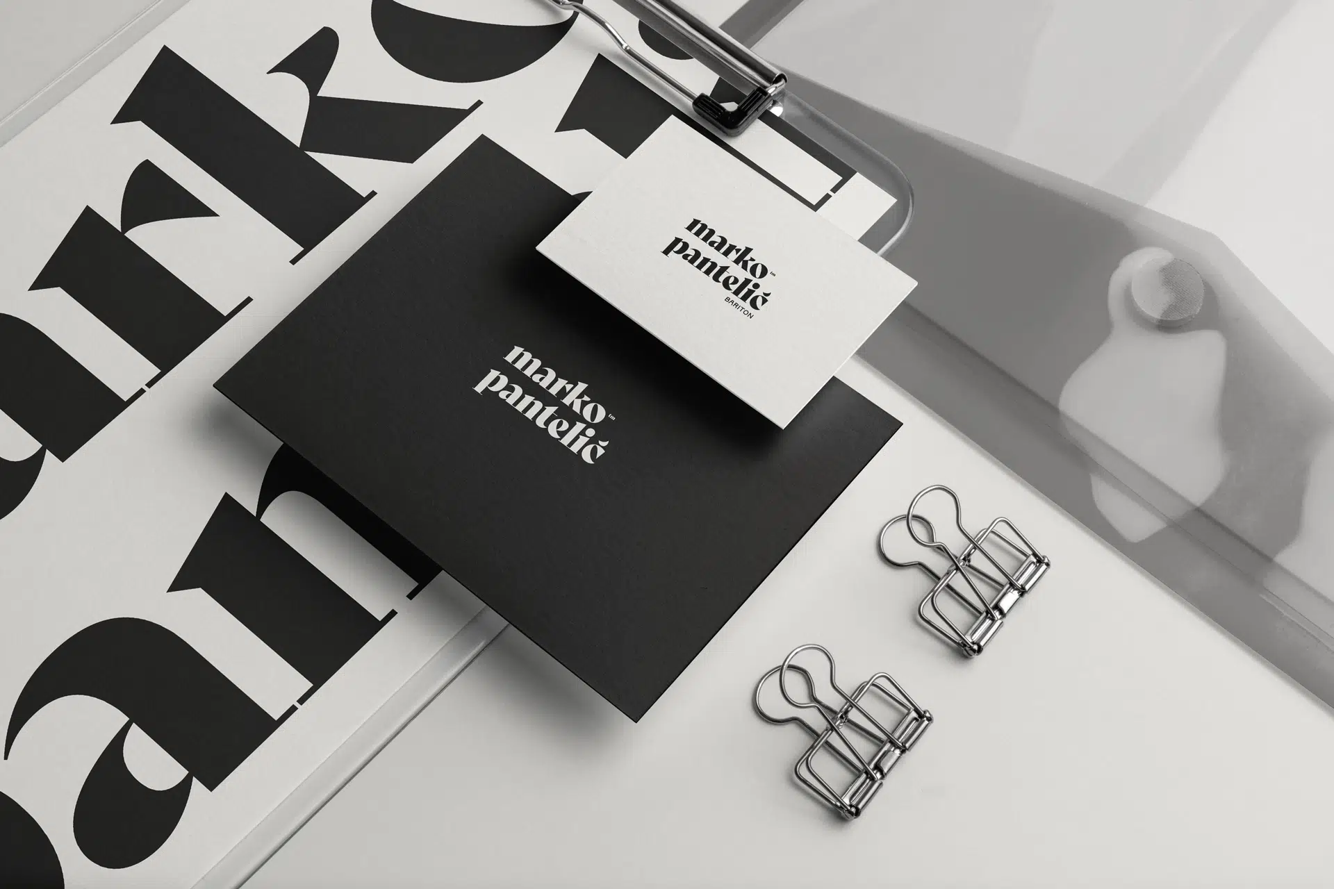 Brand identity for opera singer Marko Pantelić, combining classical typography, high contrast, and minimal design elements to reflect his dramatic stage presence and vocal power.