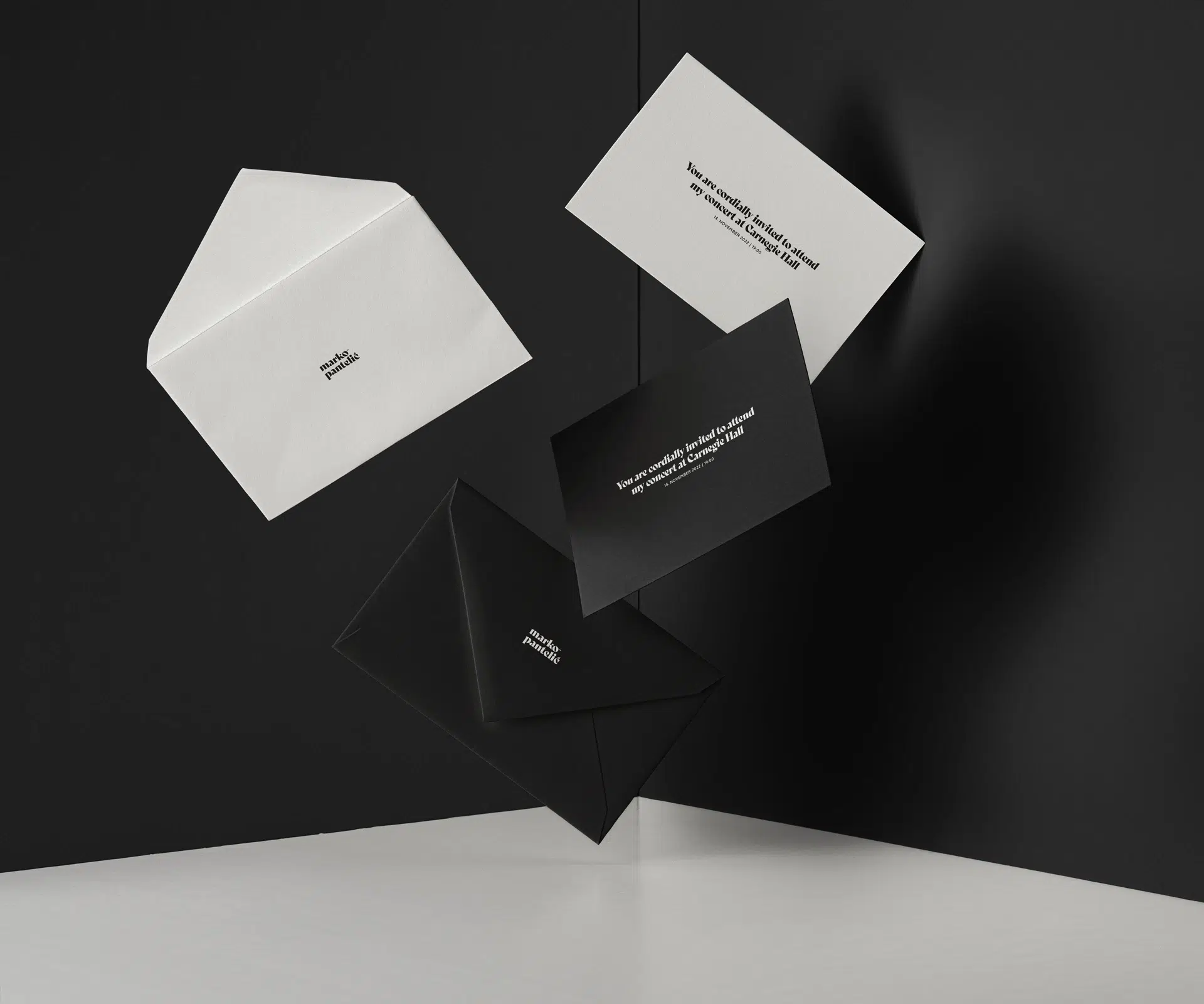 Brand identity for opera singer Marko Pantelić, combining classical typography, high contrast, and minimal design elements to reflect his dramatic stage presence and vocal power.