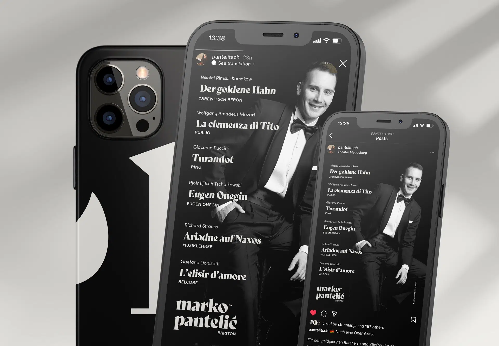 Brand identity for opera singer Marko Pantelić, combining classical typography, high contrast, and minimal design elements to reflect his dramatic stage presence and vocal power.