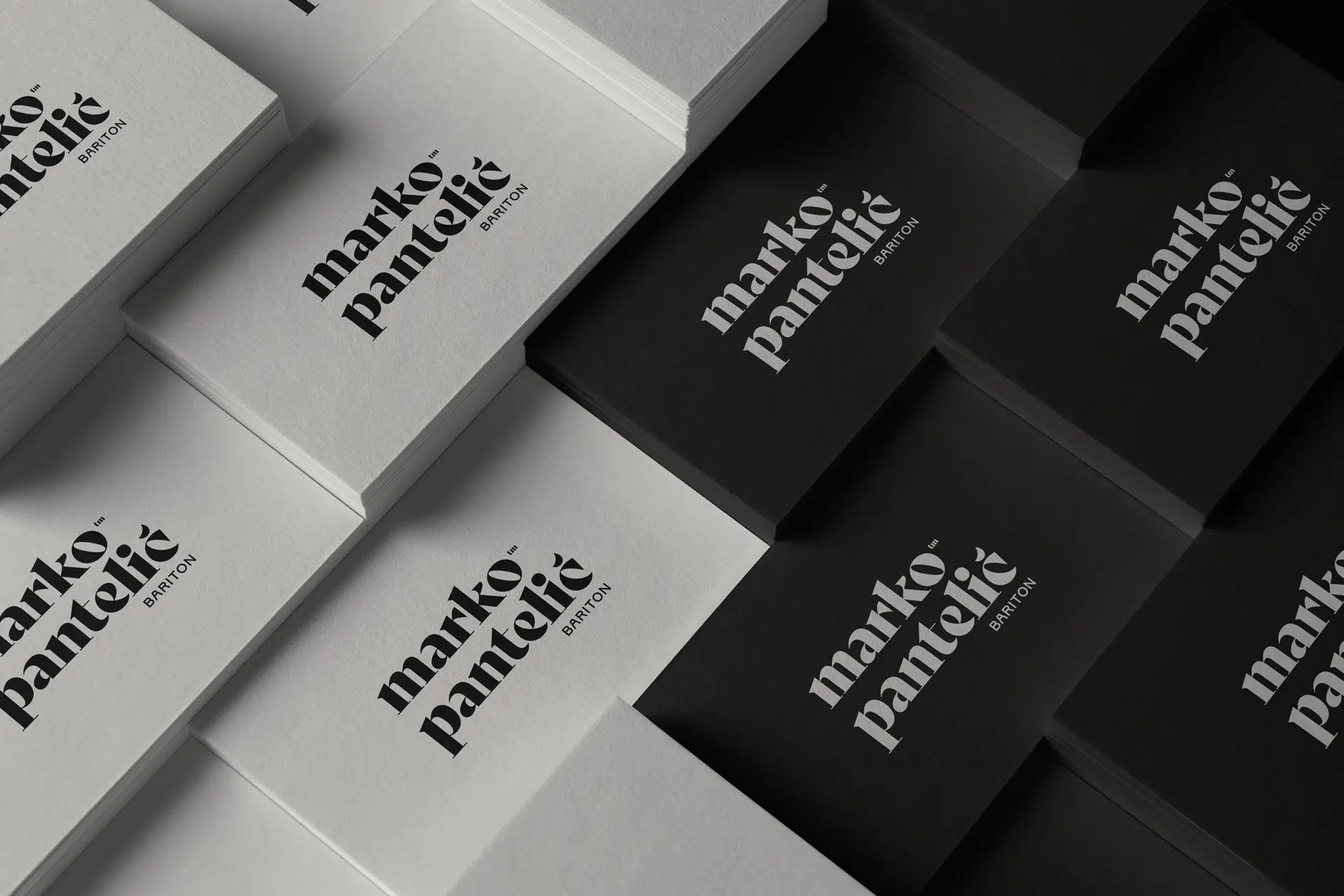 Brand identity for opera singer Marko Pantelić, combining classical typography, high contrast, and minimal design elements to reflect his dramatic stage presence and vocal power.