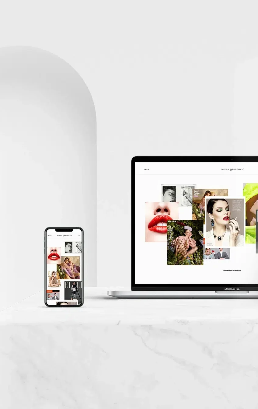 Misha Obradovic brand identity with monochrome tones, sharp typography, and editorial layouts that showcase fashion and cultural photography with intimacy.