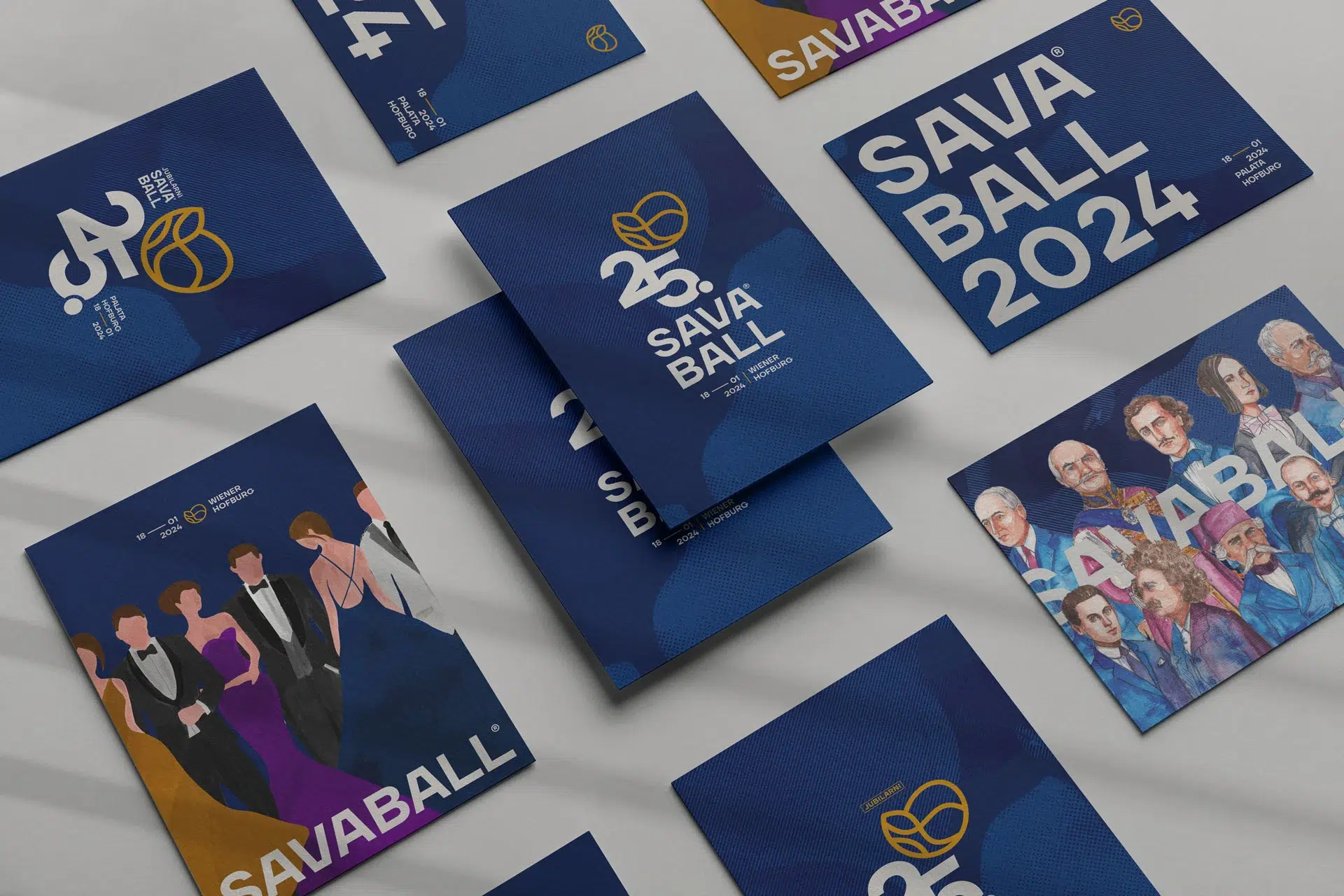 Savaball 25 visual identity design featuring fluid forms, heritage-inspired details, and a swirling logo for Vienna’s iconic Serbian ball.