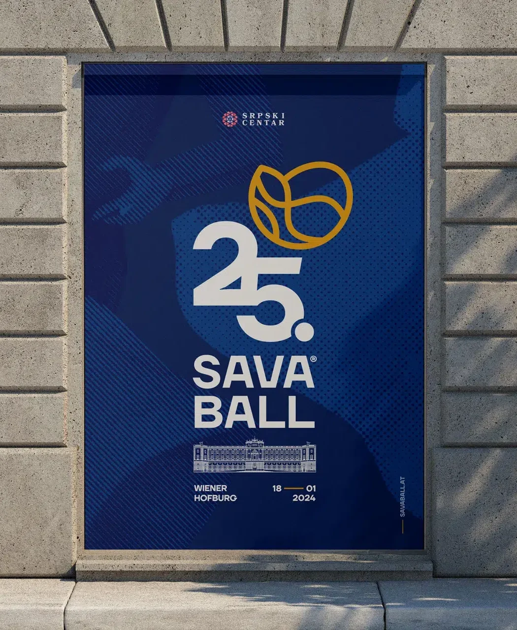 Savaball 25 visual identity design featuring fluid forms, heritage-inspired details, and a swirling logo for Vienna’s iconic Serbian ball.