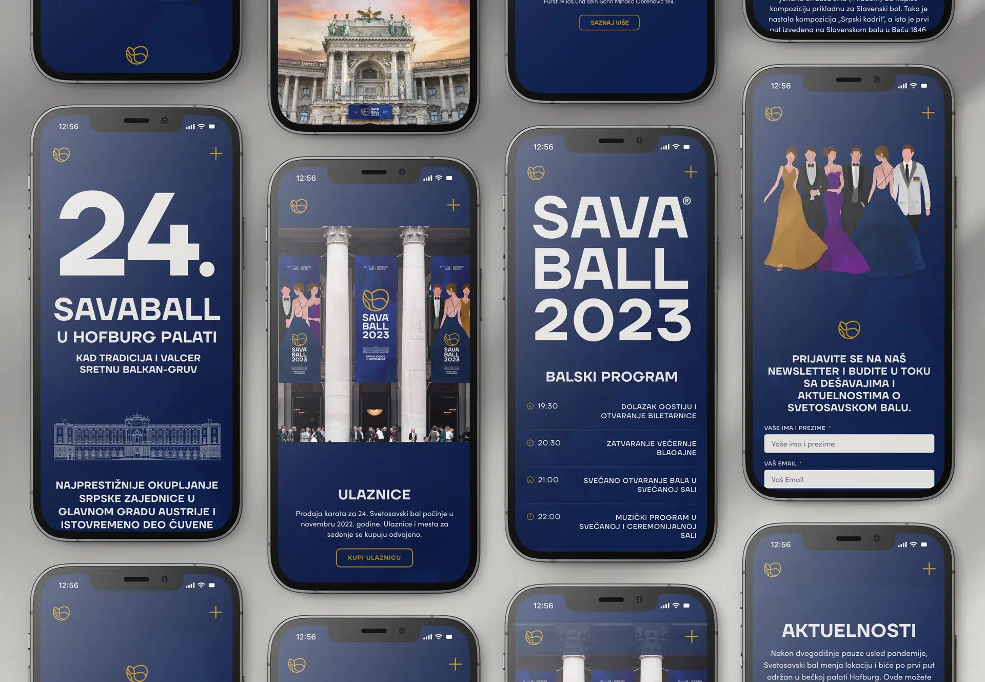 Visual identity for Savaball, featuring a swirling logo, elegant typography, and a rich palette of deep blue and yellow, reflecting Balkan culture in a Viennese ballroom setting.