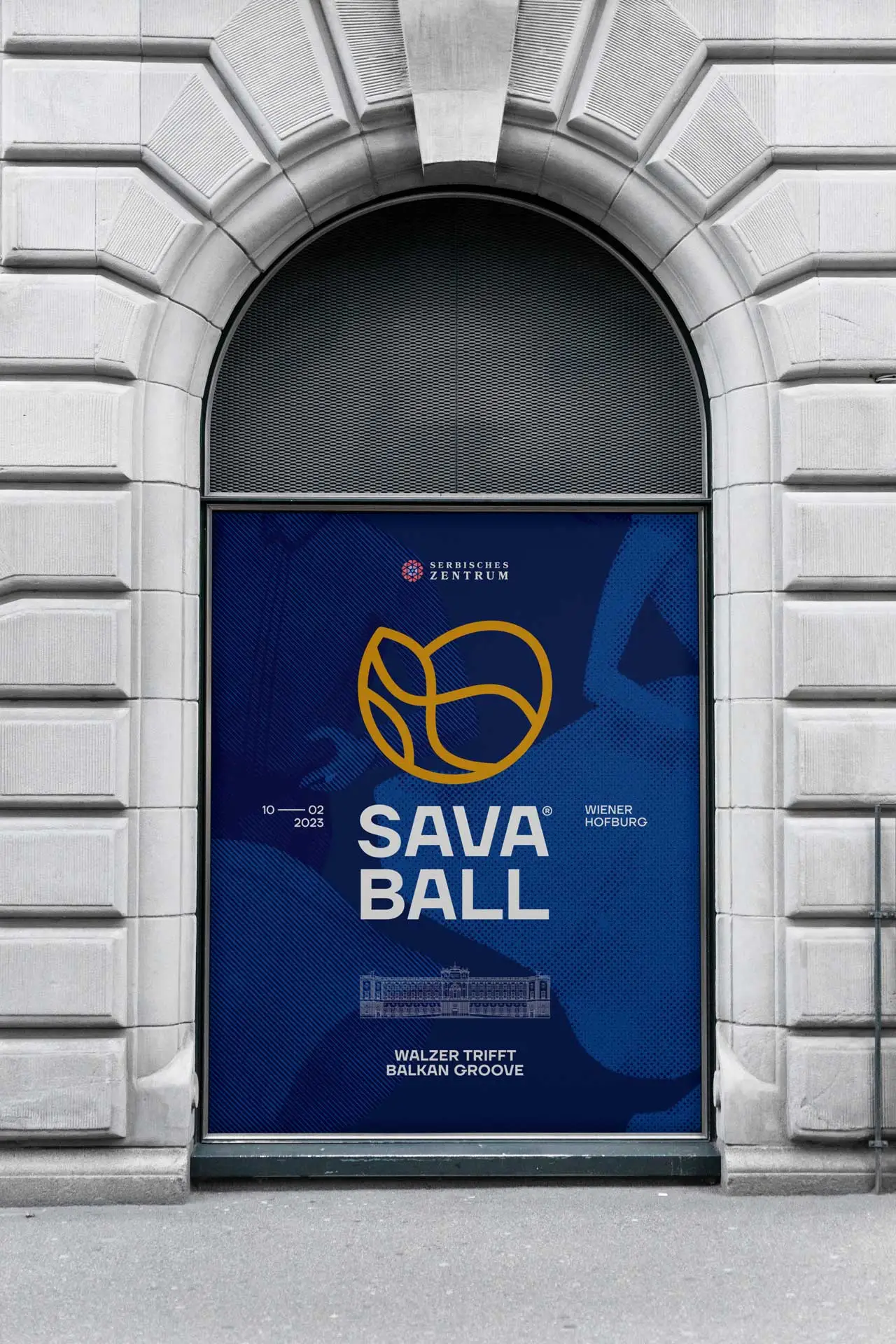 Visual identity for Savaball, featuring a swirling logo, elegant typography, and a rich palette of deep blue and yellow, reflecting Balkan culture in a Viennese ballroom setting.
