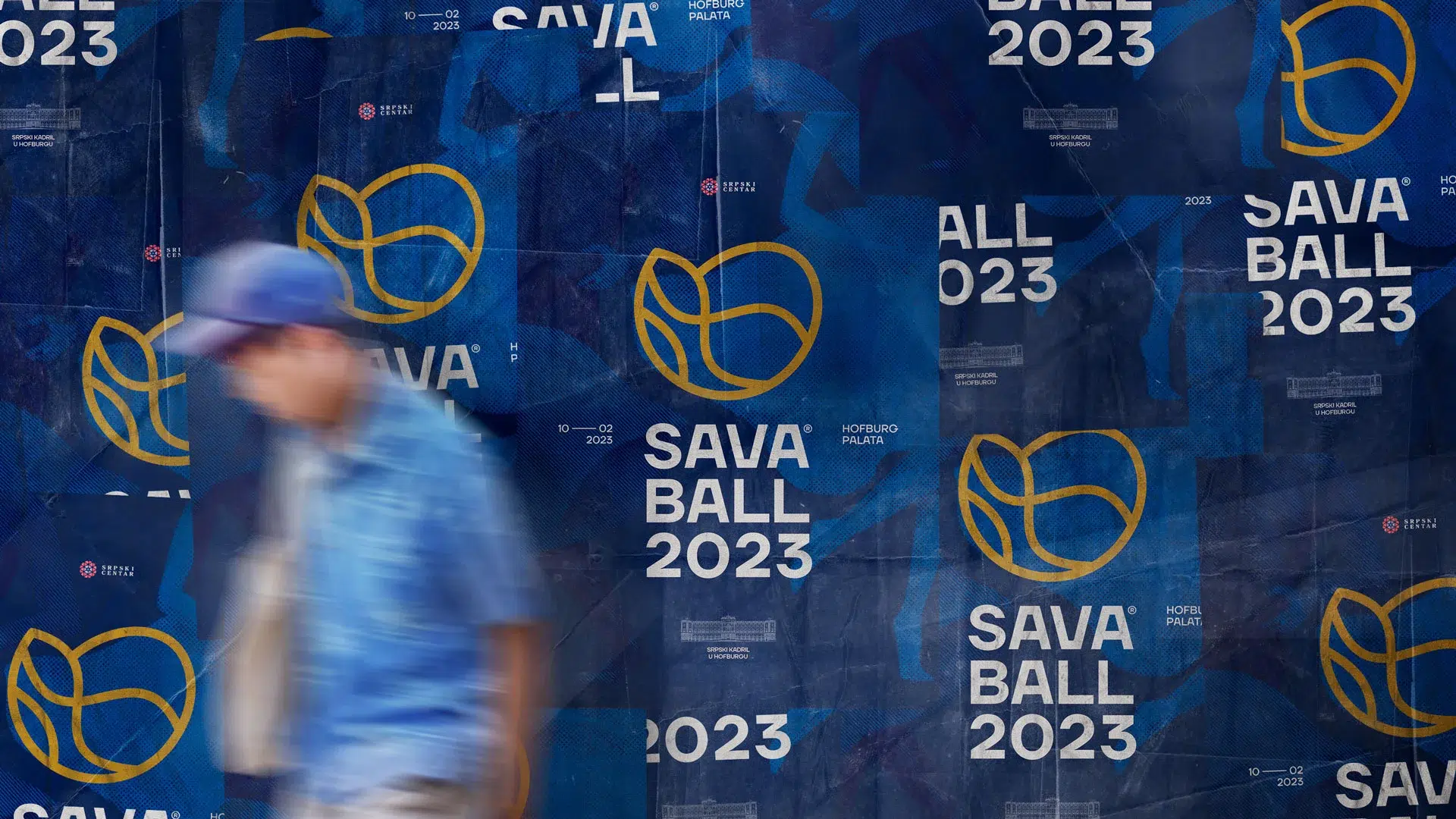 Visual identity for Savaball, featuring a swirling logo, elegant typography, and a rich palette of deep blue and yellow, reflecting Balkan culture in a Viennese ballroom setting.
