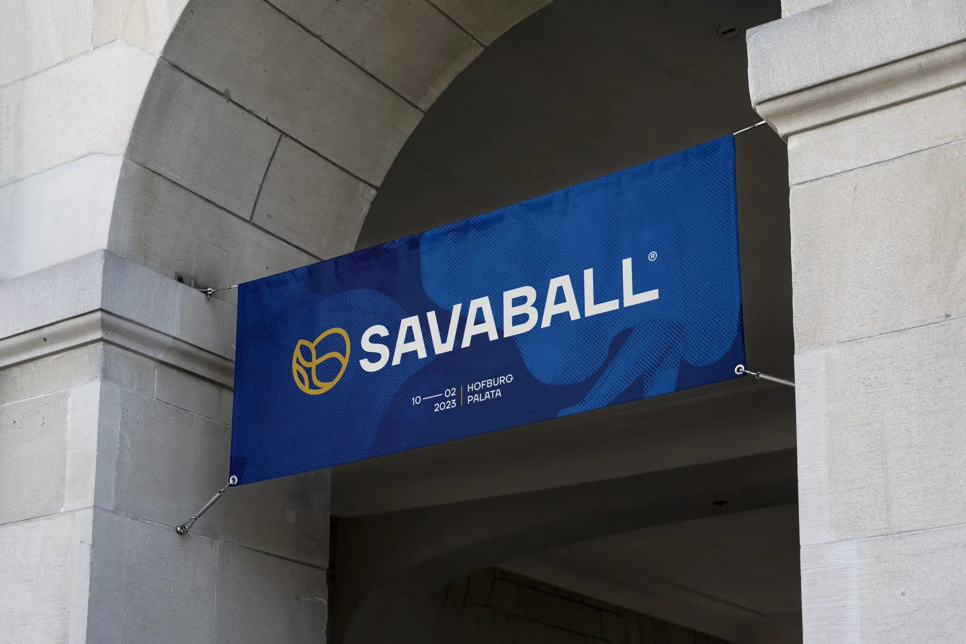 Visual identity for Savaball, featuring a swirling logo, elegant typography, and a rich palette of deep blue and yellow, reflecting Balkan culture in a Viennese ballroom setting.