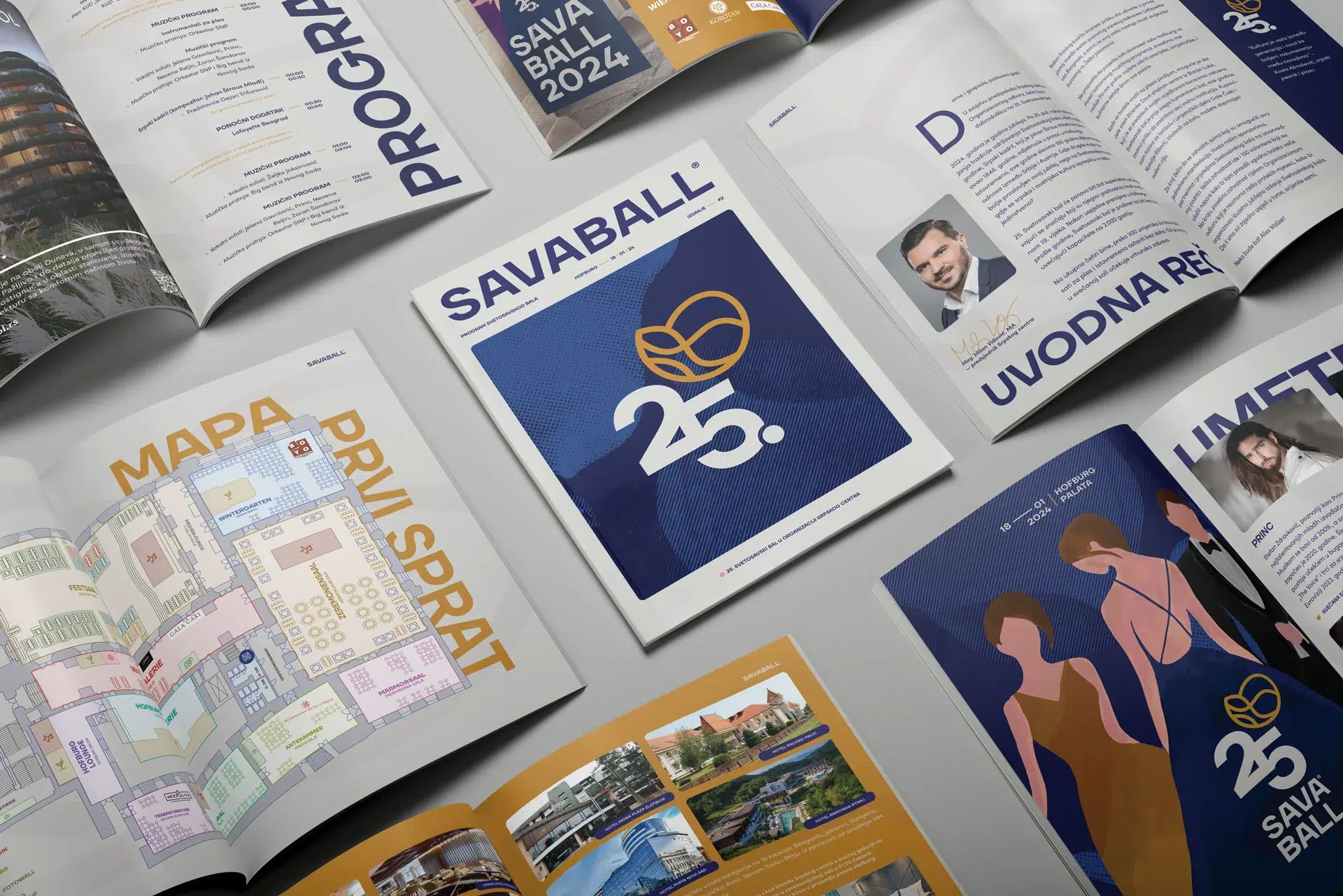 Savaball 25 visual identity design featuring fluid forms, heritage-inspired details, and a swirling logo for Vienna’s iconic Serbian ball.