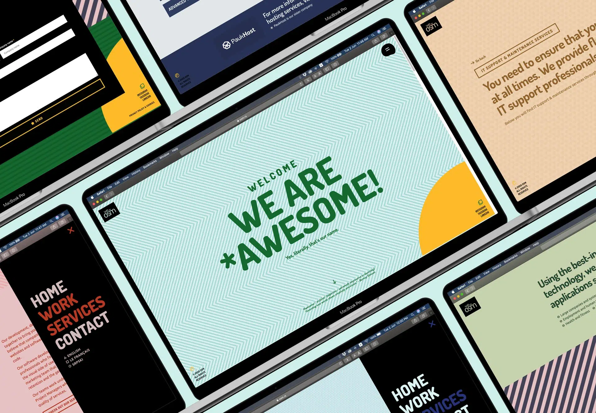 Modular brand identity for We Are OSM showcasing bold patterns, scalable design elements, and a flexible system that unifies multiple sub-brands.