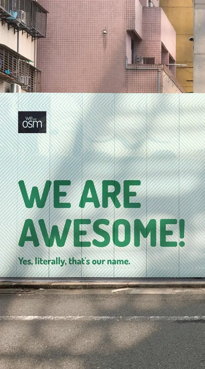 Modular brand identity for We Are OSM showcasing bold patterns, scalable design elements, and a flexible system that unifies multiple sub-brands.
