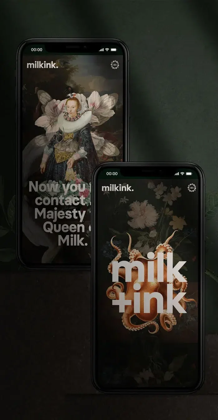 Visual identity for Milkink Studio, featuring bold typography, surreal compositions, and a soft, tactile color palette that reflects the studio’s multidisciplinary approach to art direction and design.