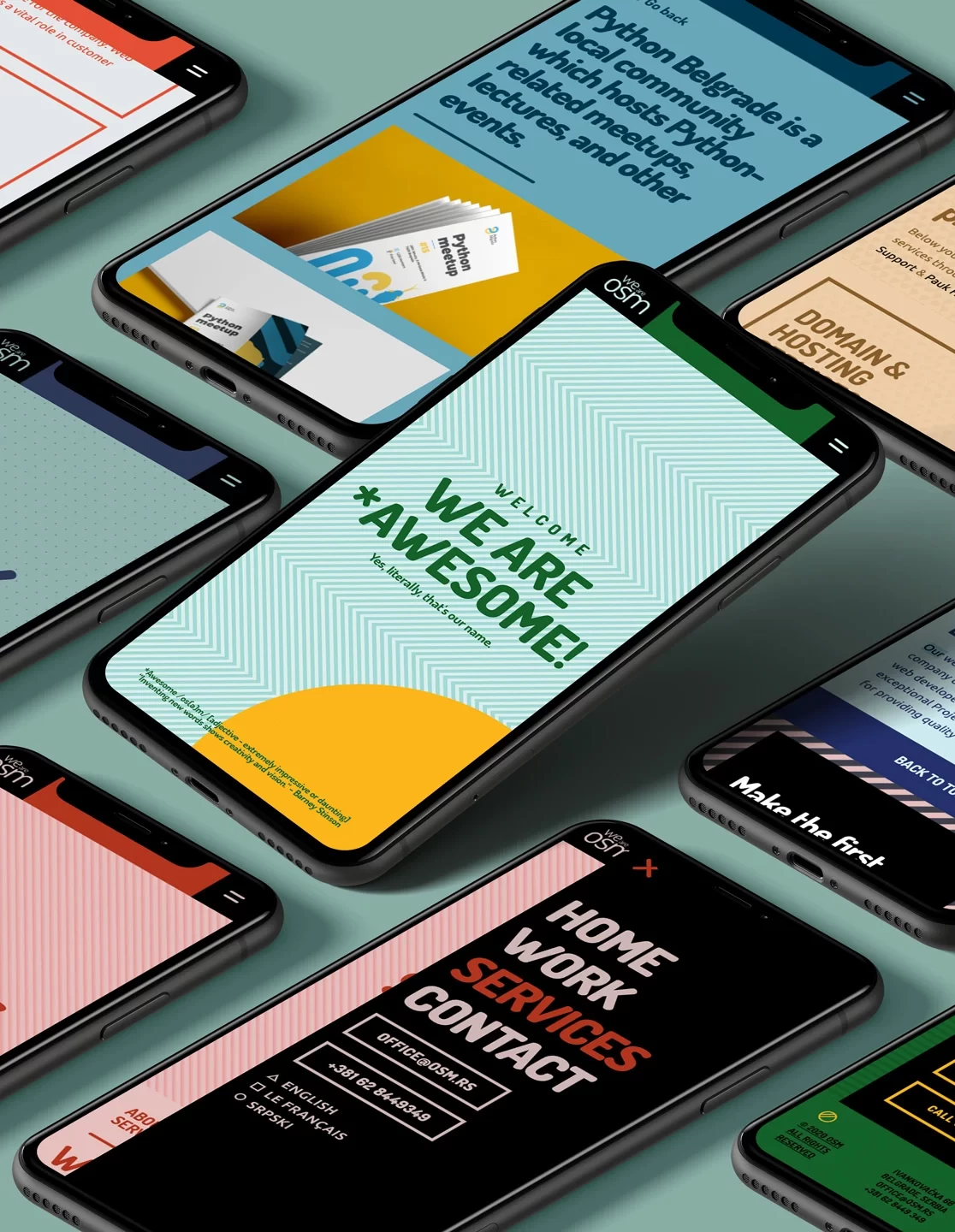Modular brand identity for We Are OSM showcasing bold patterns, scalable design elements, and a flexible system that unifies multiple sub-brands.